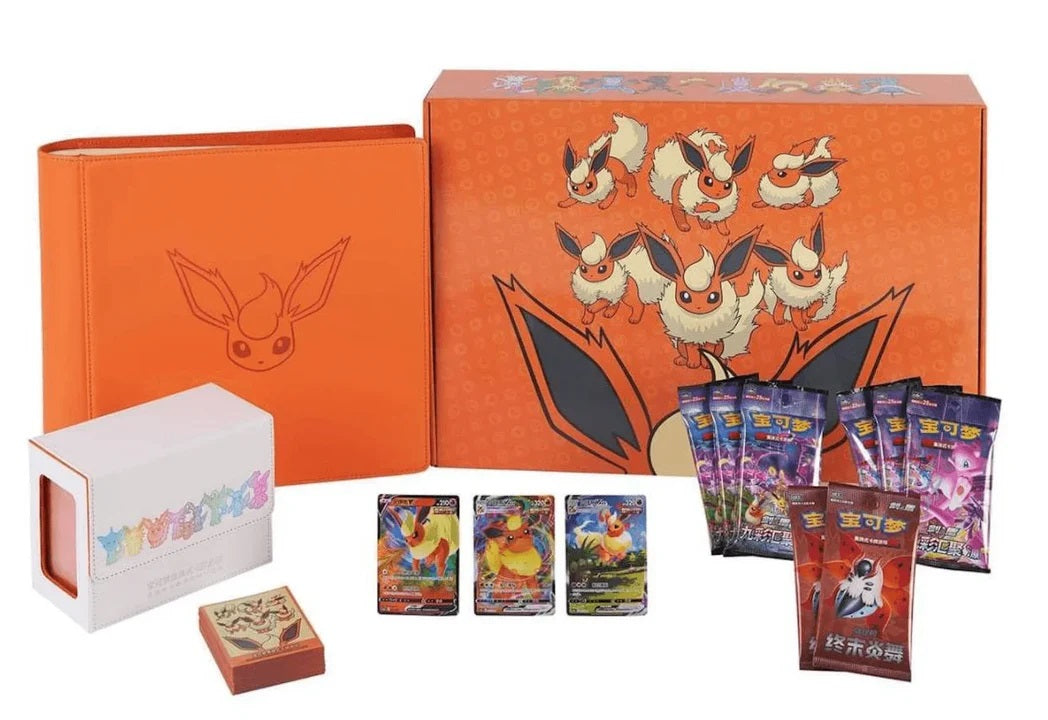 Celebrate Flareon with this premium Pokémon TCG Chinese Eeveelution Flareon Premium Gift Collector Box! This deluxe collector's set is packed with exclusive Flareon-themed accessories and authentic Chinese Pokémon TCG products, making it a must-have for Eeveelution fans. Inside you'll find 3 exclusive Flareon Special Illustration promo cards, 8 booster packs from the popular Nine Colors Gathering and Final Flame Dance expansions, plus a premium Flareon card binder, matching sleeves, and a colorful Eeveeluti
