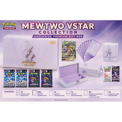 Celebrate one of Pokémon's most iconic Legendary Pokémon with the Chinese Mewtwo VSTAR Collection Exclusive Premium Gift Box! This premium collector's set combines exclusive Mewtwo accessories, a stunning Mewtwo VSTAR promo card, and six booster packs from the popular Sword & Shield-era Chinese expansions, making it an outstanding addition for both collectors and players.

Inside you'll find a beautiful Mewtwo-themed storage collection featuring a matching deck box, premium card storage box, and 64-card sle