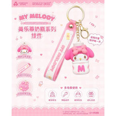 Carry a little sweetness wherever you go with the Langbowang Holly Box Sanrio Characters Milk Bottle Vinyl Keychain - My Melody! This adorable collectible features My Melody peeking out from a pastel pink milk bottle charm, complete with her signature bow and charming dessert-inspired details.

Designed with soft pink tones and finished with a matching My Melody wrist strap, this cute keychain also includes a decorative candy charm accent for an extra touch of whimsy. The detailed vinyl figure and durable g