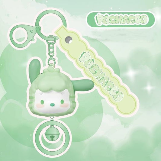 Bring a little puppy charm wherever you go with the Langbowang Holly Box Sanrio Characters Fluffy Bear Vinyl Keychain - Pochacco! This adorable accessory features Pochacco dressed in a fluffy bear-inspired hood, giving the energetic Sanrio favorite an irresistibly cute new look.

Designed in soft green and white pastel tones, the keychain includes a matching Pochacco logo strap and a dangling jingle bell charm that creates a pleasant ringing sound with movement. Crafted from durable PVC/vinyl materials and