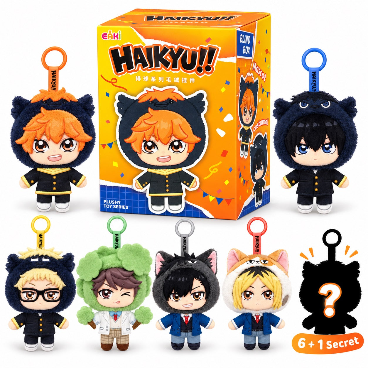 <p><strong>Each box contains 1 random Haikyu!! plush keychain. Specific characters cannot be selected.</strong></p>

<p>Bring your favorite volleyball stars everywhere you go with the <strong>EAKI Haikyu!! Mascot Costume Plush Keychain Blind Box Series</strong>!</p>

<p>This officially licensed collection features popular characters from <strong>Haikyu!!</strong> reimagined as adorable plush keychains wearing playful mascot-style costumes. Each approximately 5.5-inch (14 cm) plush includes a hanging loop, m