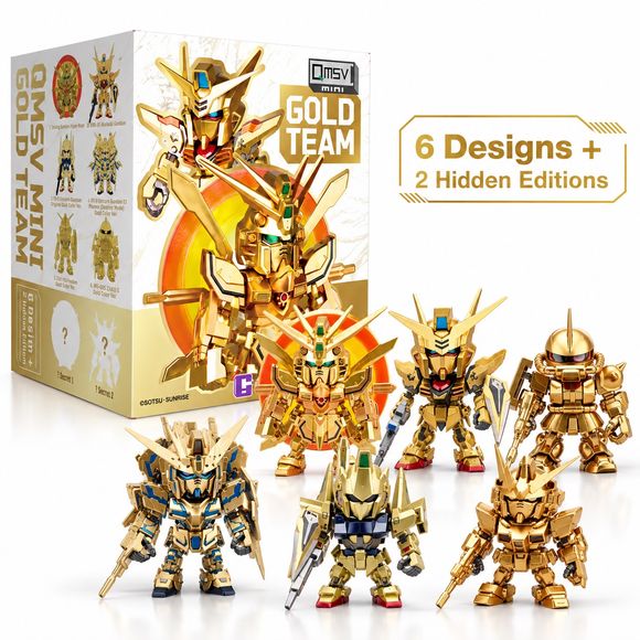 <p><strong>Each box contains 1 random Gundam figure. Specific designs cannot be selected.</strong></p>

<p>Add some shine to your Mobile Suit collection with the <strong>Bandai QMSV Mini Gundam Gold Team Blind Box</strong> series!</p>

<p>This special QMSV Mini collection gives iconic Mobile Suits a premium gold-inspired makeover while keeping the line's distinctive compact, super-deformed proportions. Each figure features detailed sculpting, metallic-style finishes, and a display-friendly design that stand