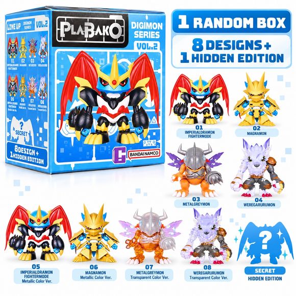 <p><strong>Each box contains 1 random Digimon model kit. Specific designs cannot be selected.</strong></p>

<p>Build and collect fan-favorite Digimon with the <strong>PLABAKO Digimon Series Vol. 2 Blind Box Model Kit</strong> series!</p>

<p>Each sealed blind box contains one randomly packed plastic model kit featuring a stylized Digimon design. The parts come on color-molded runners and are designed to be assembled into a compact collectible figure.</p>

<p>Series Vol. 2 features <strong>8 regular designs