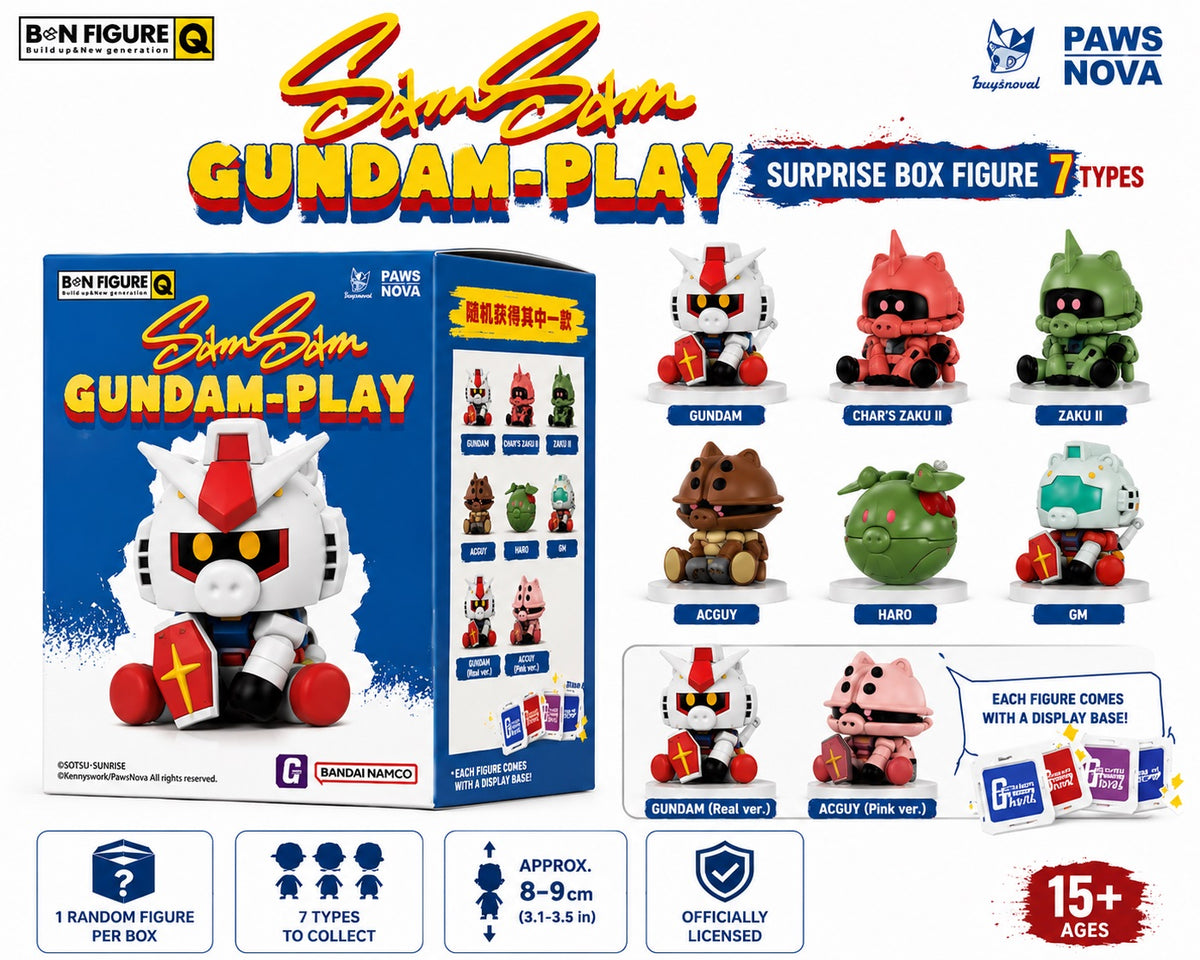 Mobile Suit Gundam gets an adorable new look with the SamSam Gundam-Play B.N Figure Q Blind Box from Paws Nova! This officially licensed collection transforms iconic Mobile Suits and characters into cute, seated collectible figures with a playful rounded design.

There are 7 different designs to collect, including Gundam (RX-78-2), Char's Zaku II, Zaku II, Acguy, Haro, GM, plus special alternate-color versions. Each figure also includes a colorful display cube/base, which can be used individually or stacked