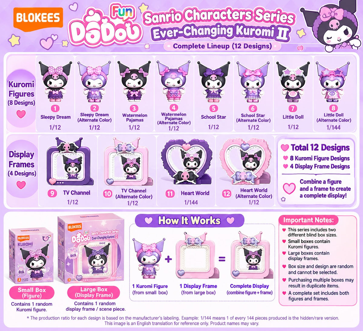 <p><strong>Each bag contains 1 random Kuromi collectible set. Specific designs cannot be selected.</strong></p>

<p>Add some mischievous Sanrio style to your collection with the <strong>Blokees DaDou FUN Series - Ever-Changing Kuromi I</strong> blind bag collection!</p>

<p>This officially licensed Sanrio series features <strong>Kuromi</strong> in a variety of playful street, gaming, and Y2K-inspired looks. Each collectible combines a mini Kuromi figure with a decorative <strong>magnetic display stage</stro