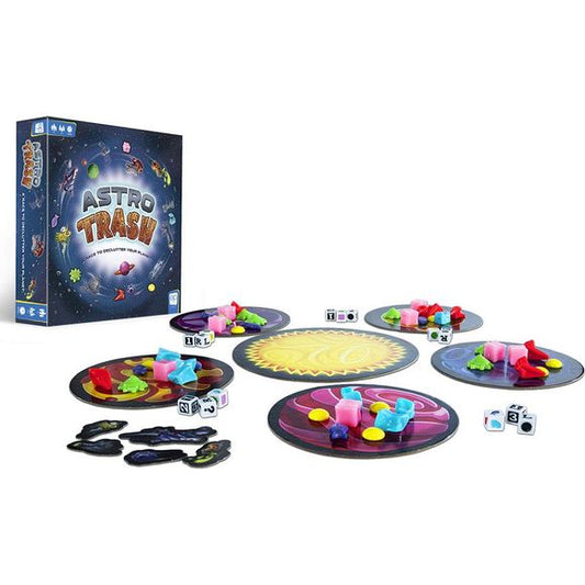 The race is on to declutter your planet! Astro Trash is a game in which each player must get rid of all the "trash" on their play mat at the expense of the players to their left and right. Players simultaneously roll three dice and rapidly move game pieces according to the direction, quantity, and color indicated on the dice.

Astro Trash in an edge-of-your-seat space race to rid the solar system of free-floating debris! After a Trash craft lost control, it's up to you to protect your planet and keep it f