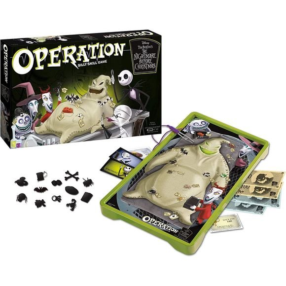12 spine-tingling 'Funatomy' parts are infesting Oogie Boogie and it’s up to you to remove them in Operation The Nightmare Before Christmas (2019 Edition). Displace a deck of cards from his 'Club Foot', a set of keys from his 'Lock Jaw', a couple bones with 'Fingers Crossed', and a game board spinner causing his 'Dizzy Spell', among other ailments. Draw a Doctor card to determine which icky foreign object to aim for with your trusty tweezers just don’t let them touch the edges of his burlap sack or you’ll s