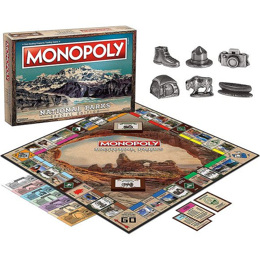 A MONOPOLY-themed adventure with the great outdoors awaits you! Plan a cross-country vacation and experience over 60 of the most beautiful and historic sites in America in this special National Parks Edition of MONOPOLY. Buy, sell and trade the diversity of these parks from the stunning landscape of the Grand Canyon to the awe inspiring wonder of Yellowstone. Also featured are the wildlife that call the parks home. A portion of proceeds goes to the National Park Foundation. 2-6 Players | Ages 8+ | 60+ Min P