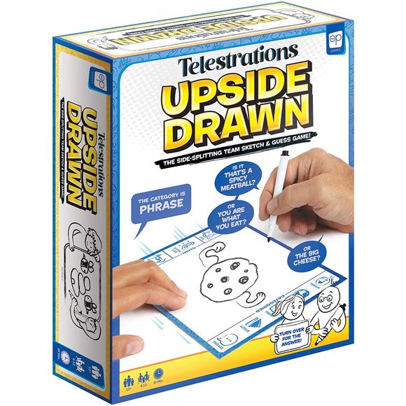 It's Telestrations, but Upside Down! This take on the award winning Telestrations game gives a whole new meaning to laugh out loud miscommunication. Telestrations: Upside Drawn puts a teamwork spin on "The Telephone Game Sketched Out" by putting the pen in one person's hand, and control of the board in another's! Only through "Up" or "Down" directives can the team put the pen and board together to guess the clue first! The team to reach 20 points wins!