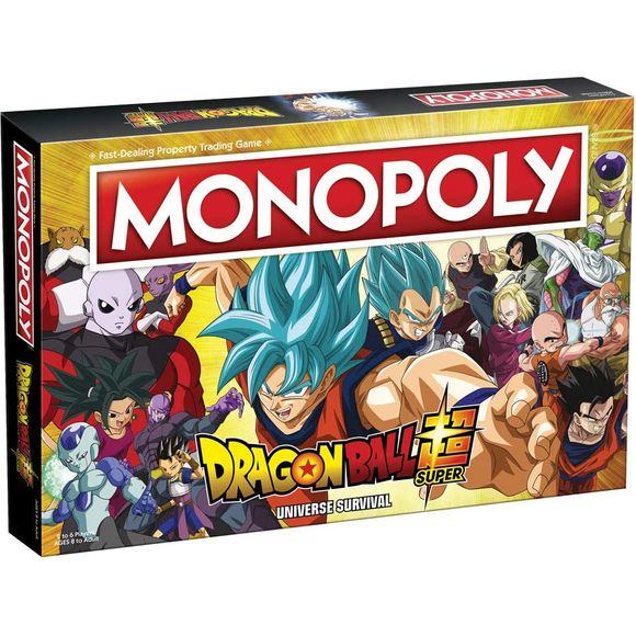 The long-running anime makes yet another comeback in the form of a classic board game that captures the continuing Dragon Ball power struggle! Join your favorite Z fighters as you buy, sell, and trade Goku, Piccolo, Gohan, and many others as properties in MONOPOLY: Dragon Ball Super. Custom tokens of eight different Universe Symbols take competitive DBS fans around an illustrated board to use Gods and Warriors cards and outdo opponents with unbeatable Super Saiyan bounty.