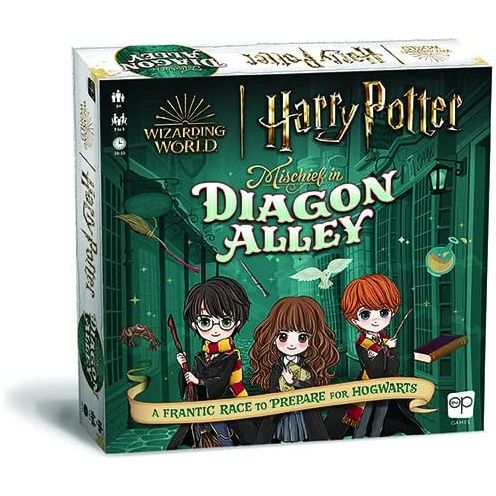 Manage the magical mayhem in this fast-paced, simultaneous play dice game inspired by the wizarding world of Harry Potter! First-year Hogwarts students are rushing to Diagon Alley with their shopping lists, but the magical items have been hexed and are found mixed up among all the shoppes! Quickly roll the dice to fling the scattered brooms, books, and other supplies back to where they belong to be the first one with an organized shoppe to win!