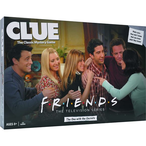 Just remember, “They don't know that we know they know we know." There’s even more to love about your favorite New Yorkers in this hilarious version of the classic mystery game! Based on the unforgettable 90s sitcom, CLUE: Friends is “The One with the Secrets” as one of the crew is keeping a personal revelation under wraps that is bound to be revealed! Take on the roles of Rachel, Monica, Phoebe, Chandler, Joey, and Ross to get to the bottom of WHICH secret is being kept, WHO reveals it, and WHERE in New Yo