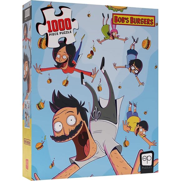 Freefall with FOX’s hilarious family of restaurateurs and a scattering of their tasty craft in this ironic Bob’s Burgers “It’s Raining Belchers” 1,000-piece jigsaw puzzle, featuring Louise, Tina, Linda, Bob, and Gene redefining “gravity-fed” with burgers in mid-air.