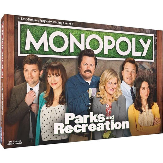 Revisit the unpredictability of working for the city in this ultimate game for Parks and Rec fans! MONOPOLY: Parks and Recreation takes players through the trials of enhancing properties as they buy, sell, and trade memorable locations from the irreverent TV comedy, such as Lot 48, The Pawnee Zoo, and more. Travel the board with custom tokens of show objects, including Duke’s saxophone, Little Sebastian, or “Child Size” soda, to build Local Parks and National Parks. Be the last public servant to maintain yo