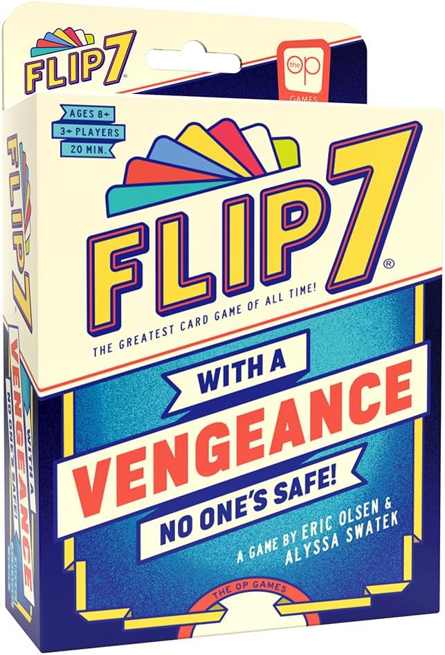 Flip 7 is back - With a Vengeance! All of the fun of the original game, plus new player interactions and special take-that cards!

Flip over cards one by one without flipping the same number twice. Sound easy? Think again! This isn't just any deck of cards… In Flip 7: With A Vengeance, there's only one 1 card, two 2's, three 3’s, etc. plus a bunch of special cards that can cut your points in half, steal any card, or force an opponent to draw four cards! Are you the type of player to play it safe and bank po