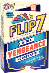Flip 7 is back - With a Vengeance! All of the fun of the original game, plus new player interactions and special take-that cards!

Flip over cards one by one without flipping the same number twice. Sound easy? Think again! This isn't just any deck of cards… In Flip 7: With A Vengeance, there's only one 1 card, two 2's, three 3’s, etc. plus a bunch of special cards that can cut your points in half, steal any card, or force an opponent to draw four cards! Are you the type of player to play it safe and bank po
