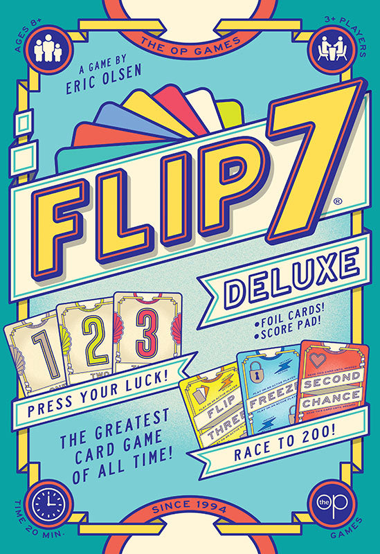 Flip over cards one by one without flipping the same number twice.

Sound easy? Think again! This isn't just any deck of cards… In Flip 7 there's only one 1 card, two 2's, three 3’s, etc plus a bunch of special cards that can score you extra points, give you a second chance, or freeze you or your opponents in your tracks.

Are you the type of player to play it safe and bank points before you bust, or are you going to risk it all and go for the bonus points by flipping over seven in a row? Press your luck me
