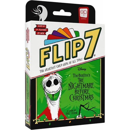 In this press-your-luck card game, you are invited to join Jack Skellington and the citizens of Halloweentown as they plan their spine-chilling takeover of Christmas. You score points based on the presents on the cards in front of you. The more presents on a card, the more valuable a card is… Beware, though, there are more copies of that card in the deck! If you ever draw a second card with the same number of presents as one already in your line, you bust and are out of the round, scoring nothing.