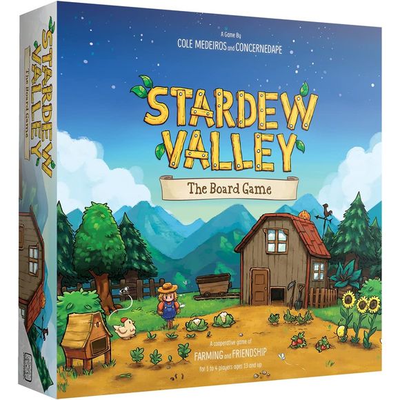 A cooperative board game of farming and friendship based on the Stardew Valley video game by Eric Barone. Work together with your fellow farmers to save the Valley from the nefarious JojaMart Corporation! To do this, you`ll need to farm, fish, friend and find all kinds of different resources to fulfill your Grandpa`s Goals and restore the Community Center. Collect all kinds of items, raise animals, and explore the Mine. Gain powerful upgrades and skills and as the seasons pass see if you`re able to protect