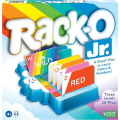 Rack-O Jr. is the first-ever junior version of the family-favorite game Rack-O! The goal is to be the first player to fill your rack with cards, from lowest to highest. Number cards are color-coded to match the colors of the rainbow (and colors on the racks). Special cards add to the fun.