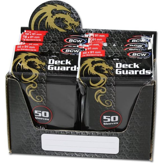 Deck Guards are firm enough to protect your cards' corners while the matte finish makes them shuffleable and easy to handle. Clear matte front helps make your cards legible from across the table. Strong seams and sturdy material means you won't bow out before you're done. These card sleeves will turn heads as you crank up your game and tack another victory on your scorecard. Give your other sleeves the boot and tap into your unspent power in BCW's Double Matte Deck Guards.