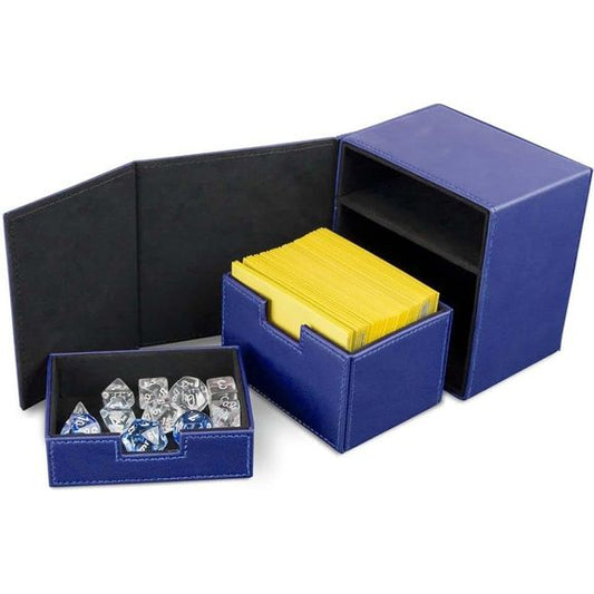 Holds over 100 sleeved gaming cards Padded faux leather outer shell Shiny, deep blue with light blue stitching Flip-open panels with strong magnetic closure Removable inner deck and dice trays_The BCW Deck Vault is a card box built to last and will not let you down. It features a padded faux leather outer shell with a microfiber faux-suede interior. The contrasting light blue stitching complements its vibrant exterior. The durable construction will keep your cards safe from damage and make sure your deck is