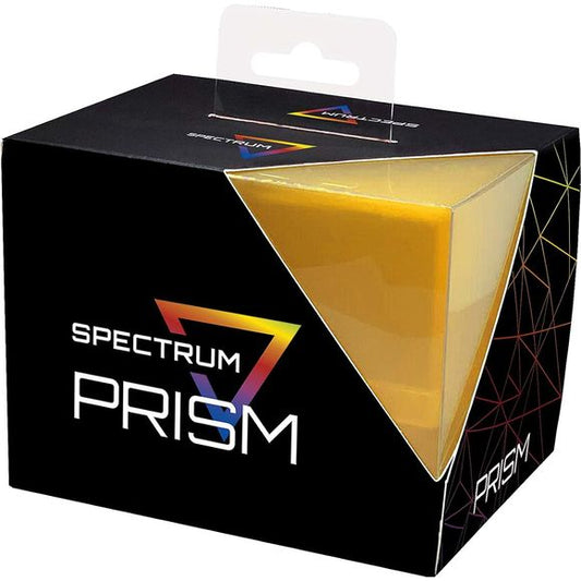 The Xanthic Yellow Prism Deck Cases are made of strong, translucent plastic, and have a matte shell. These boxes hold a deck of cards in a horizontal format, which makes it easy to remove the cards. The boxes have a secure snap closure, and squeeze to open. The fit will not allow the case to open accidentally, so cards stay safe during transport. Sized to hold 100 standard double-sleeved cards, the Prism cases are perfect for a variety of games, from Commander decks for Magic the Gathering, to constructed F