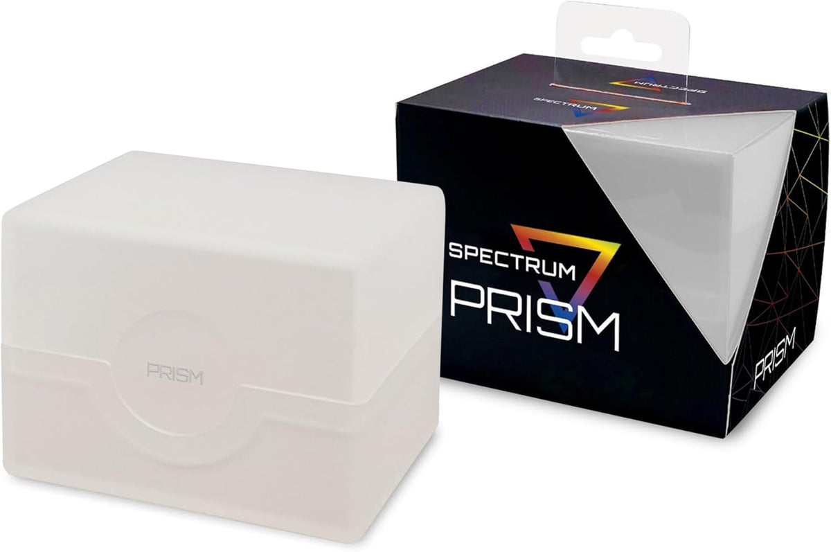 The Pale Moon White Prism Deck Cases are made of strong, translucent plastic, and have a matte shell. These boxes hold a deck of cards in a horizontal format, which makes it easy to remove the cards. The boxes have a secure snap closure, and squeeze to open. The fit will not allow the case to open accidentally, so cards stay safe during transport. Sized to hold 100 standard double-sleeved cards, the Prism cases are perfect for a variety of games, from Commander decks for Magic the Gathering, to constructed