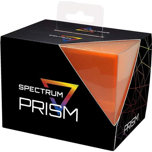 The Sunset Orange Prism Deck Cases are made of strong, translucent plastic, and have a matte shell. These boxes hold a deck of cards in a horizontal format, which makes it easy to remove the cards. The boxes have a secure snap closure, and squeeze to open. The fit will not allow the case to open accidentally, so cards stay safe during transport. Sized to hold 100 standard double-sleeved cards, the Prism cases are perfect for a variety of games, from Commander decks for Magic the Gathering, to constructed Fl