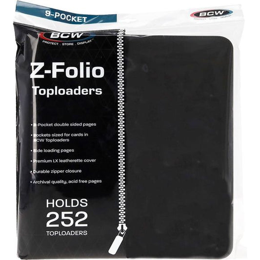 The BCW Z-Folio LX has 9-pocket pages sized to hold 252 toploaders. It works great for sports cards, trading cards, and gaming cards that have been inserted in 3x4, standard-thickness toploaders. The folio has a leatherette cover with stitched edges. A durable zipper ensures that cards will not fall out of your album. Unlike a binder with removable pages, our double-sided, archival-safe, polypropylene pages are welded into the album.