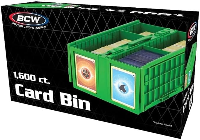 The BCW Card Bin is a premium version of the cardboard, 2-row Shoe Box. Instead of corrugated cardboard, Card Bins are made from durable, acid-free plastic. These Card Bins have a pair of hinged lids that fold over the sides when open. When closed, latches keep the lids shut and cards secure. Card Bins are stackable with feet on the bottom that rest in the lid of the bin below it to prevent sliding. The rows in the bins are notched along the top to hold separating partitions. Two Card Bin Partitions come wi