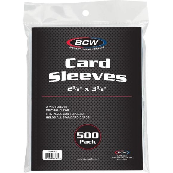 Preparing for the release of a new set? Considering upgrading the protection of your vintage card collection? The 500 pack of BCW Card Sleeves is an efficient and convenient solution for storing and protecting your cards in bulk. BCW Card Sleeves (often called 'penny sleeves') are an acid free, archival quality product made of crystal clear polypropylene. These protective holders are perfect for your collectible trading cards such as: baseball cards, basketball cards, football cards, hockey cards, Pokemon,