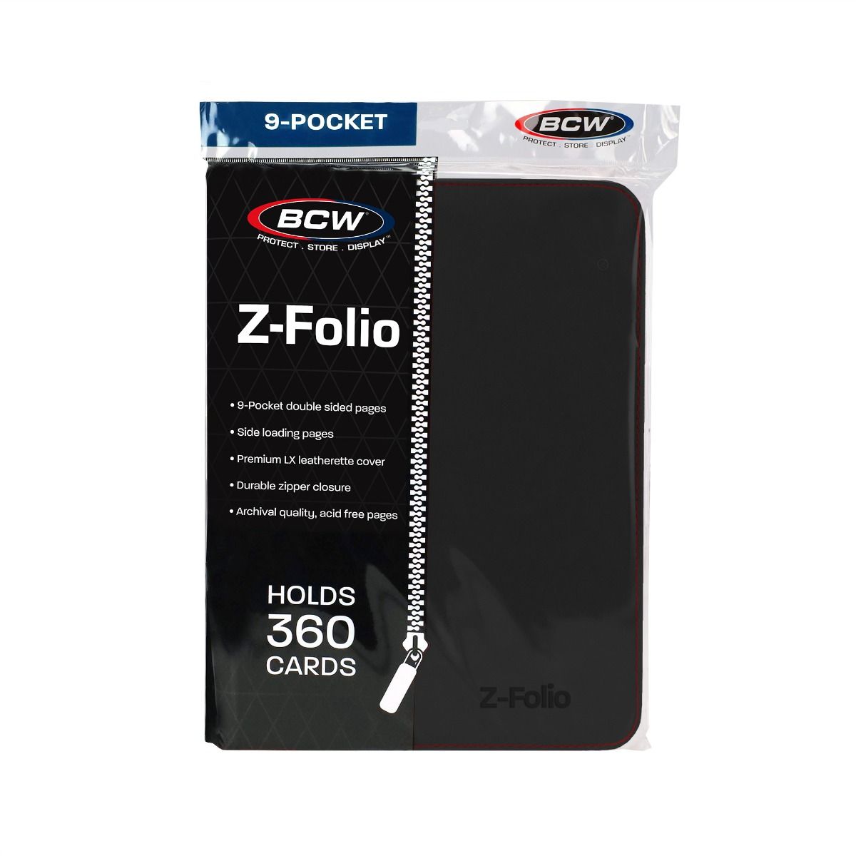 The BCW Zipper-Folio-LX will accommodate 360 cards and features a padded leatherette front and back cover with contrasting colored stitching and wrap around zipper. Side-loading pockets deter the cards from sliding out of place. It works great for sports cards, trading cards, and gaming cards and works with soft-sleeves, Deck Guards, and double-sleeved Deck Guards. Unlike a binder with removable pages, our premium, double-sided, archival safe polypropylene pages are welded into the album and will not harm t