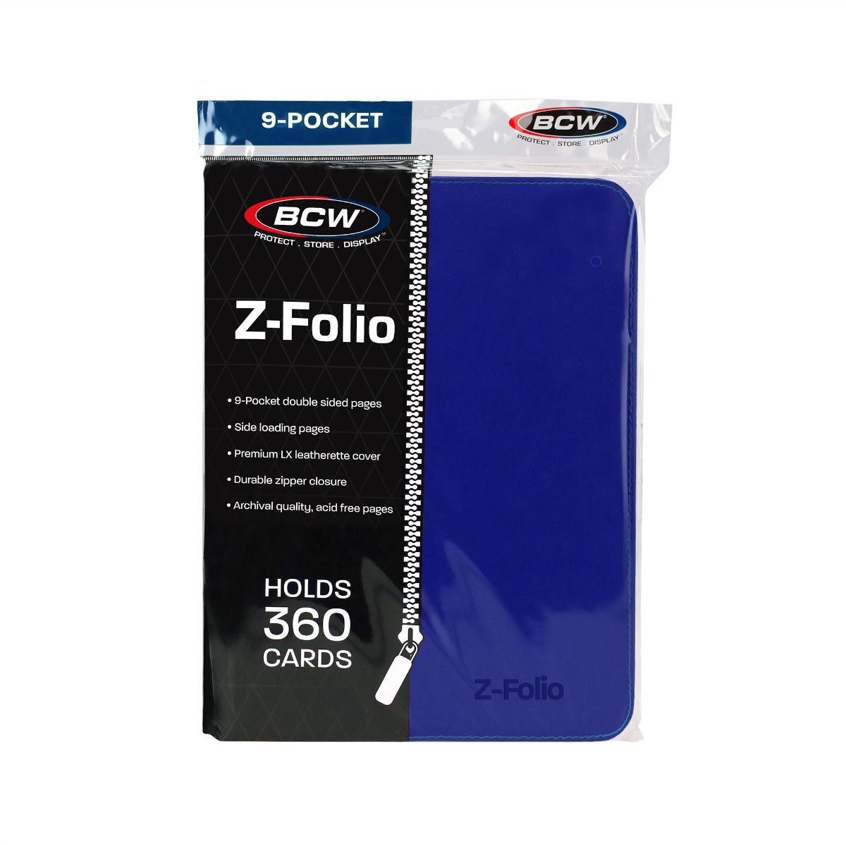 The BCW Zipper-Folio-LX will accommodate 360 cards and features a padded leatherette front and back cover with contrasting colored stitching and wrap around zipper. Side-loading pockets deter the cards from sliding out of place. It works great for sports cards, trading cards, and gaming cards and works with soft-sleeves, Deck Guards, and double-sleeved Deck Guards. Unlike a binder with removable pages, our premium, double-sided, archival safe polypropylene pages are welded into the album and will not harm t