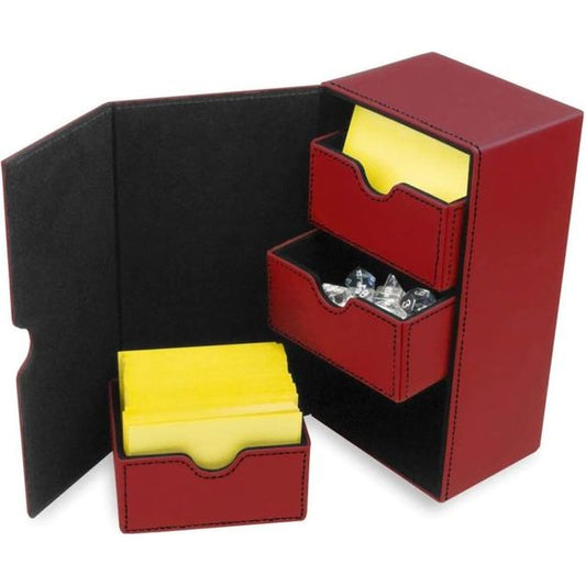 Expand your battle potential with the BCW Deck Vault-LX 200! Perfect for on-the-go gaming at cons, tournaments, or any unscheduled throw down. It's a card box made with a durable faux leather outer shell and microfiber faux-suede interior. It can carry two double-sleeved, 100-card decks in addition to all the dice, tokens, and bits you might need. There's so much additional space you can actually carry an extra 75 sleeved cards instead.
Just about every card game fits in the Deck Vault-200. It is especially