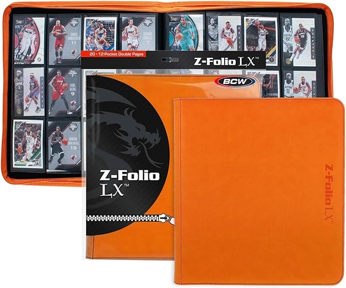 The BCW zipper-folio-lx will accommodate 480 cards and features a padded leatherette front and back cover with contrasting colored stitching and wrap around zipper. Side-loading pockets deter the cards from sliding out of place. The 12-pocket pages are ideal for arranging cards in playsets of four. It works great for sports cards, trading cards, and gaming cards and works with soft-sleeves, deck guards, and double-sleeved deck guards. Our premium, double-sided, archival safe polypropylene pages will not har