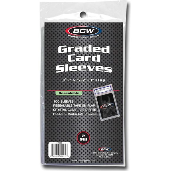 Protect your valuable graded cards with BCW Resealable Graded Card Sleeves, designed to offer premium protection for collectors. Made from acid-free, archival-quality polypropylene, these sleeves provide long-lasting security for sports cards, trading cards, and other prized collectibles. They fit PSA, Beckett, and other popular grading services, ensuring a snug fit that prevents unwanted movement or damage.

Featuring a resealable adhesive strip and a 1" flap, BCW Resealable Graded Card Sleeves keep your c