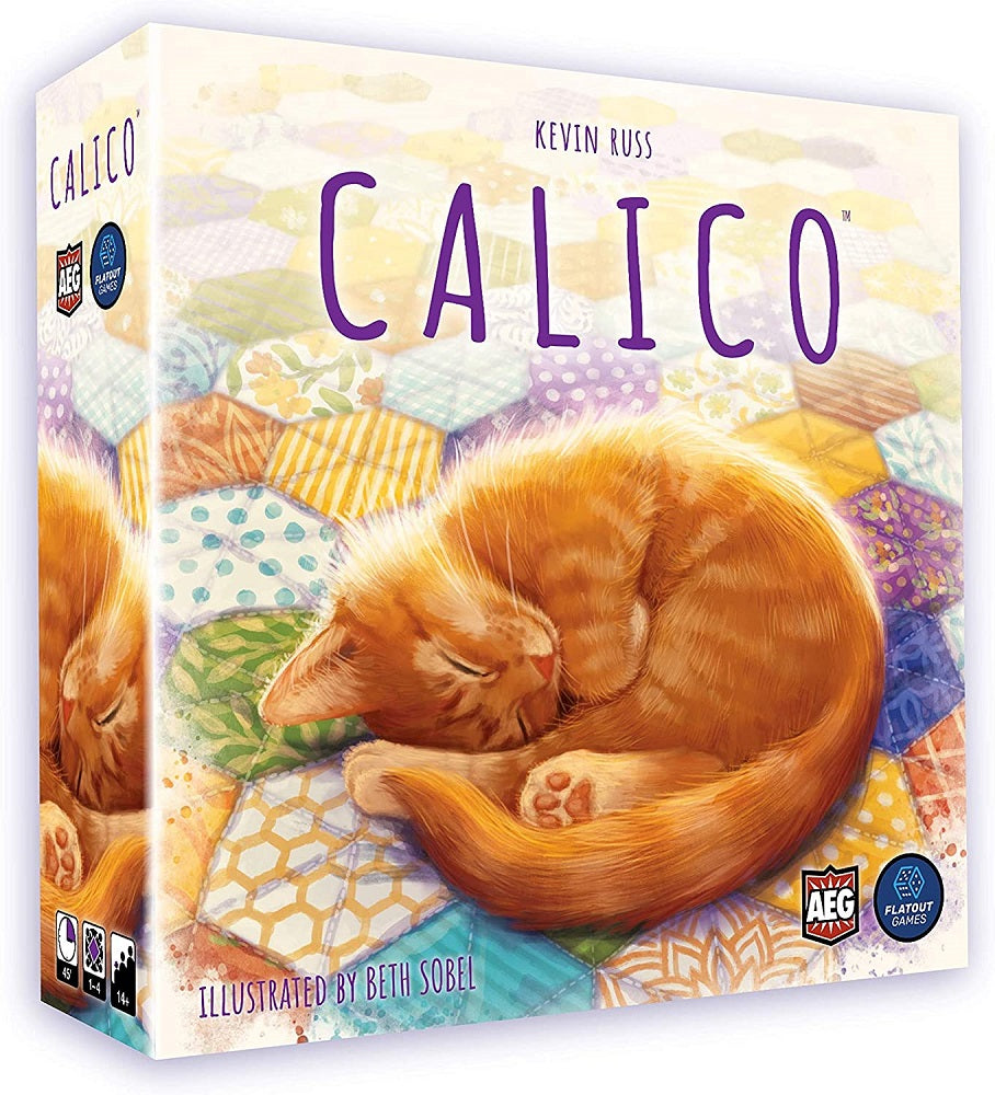 Calico is a puzzly tile-laying game of quilts and cats! In Calico, players compete to sew the coziest quilt as they collect and place patches of different colors and patterns. Each quilt has a particular pattern that must be followed, and players are also trying to create color and pattern combinations that are not only aesthetically pleasing, but also able to attract the cuddliest cats! Turns are simple. Select a single patch tile from your hand and sew it into your quilt, then draw another patch into your