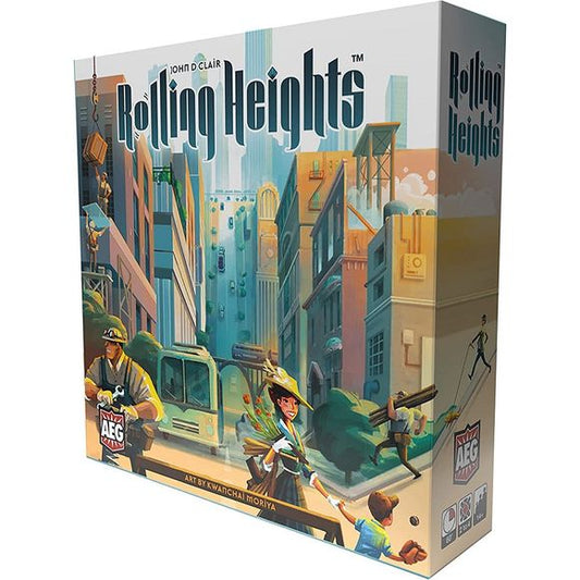 ROLLING HEIGHTS: Roll Your Meeples, Build the City! It's the 1920's and your career as a general contractor is about to take off. You have just started your business in a rapidly expanding city. However, fierce competitors are nipping at your heels. Will you be able to motivate your workers to keep up with the flow of lucrative contracts coming your way, or will one of your crafty rivals find a way to surpass you? In Rolling Heights, players roll workers in the form of meeples. Standing meeples work hard th