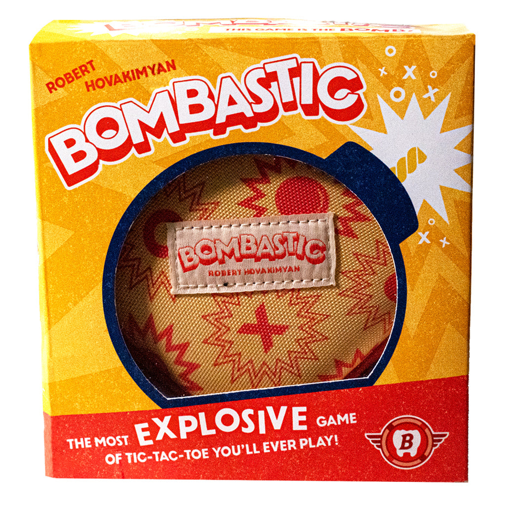 Find three in a row without causing an explosion! Bombastic is a spicy, five-minute, travel-friendly game for two players. One player is Xs, and the other is Os — pretty standard so far. But what you don't know can hurt you. Nine chunky tiles are shuffled face down into a 3×3 grid — 4 of them Xs, 4 of them Os, and the last? A ticking, delicate bomb. Can you find your tiles without blowing up?