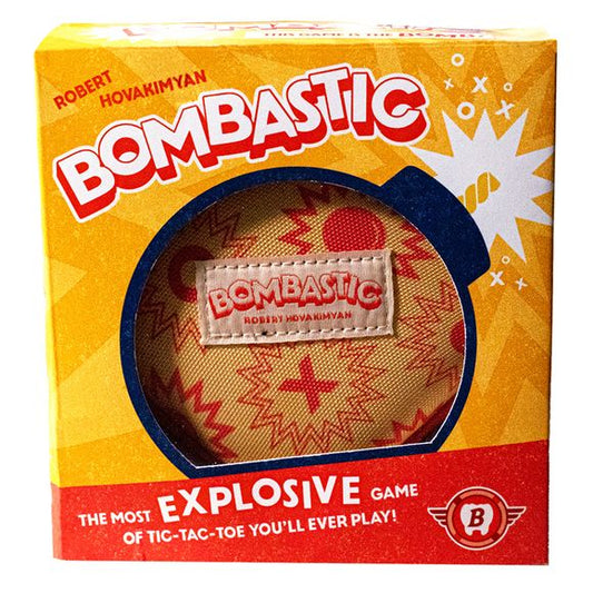 Find three in a row without causing an explosion! Bombastic is a spicy, five-minute, travel-friendly game for two players. One player is Xs, and the other is Os — pretty standard so far. But what you don't know can hurt you. Nine chunky tiles are shuffled face down into a 3×3 grid — 4 of them Xs, 4 of them Os, and the last? A ticking, delicate bomb. Can you find your tiles without blowing up?