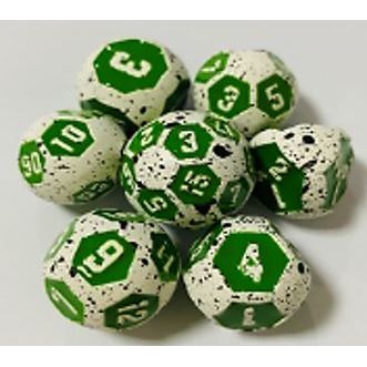 Galactic Dice Premium Dice Sets - Ball Dice Green & White Splatter (Ver 11) Set of 7 Dice with Tin | Galactic Toys & Collectibles