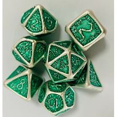 Galactic Dice Premium Dice Sets - Bone Hand Green & Silver (Ver 3) Set of 7 Dice with Tin | Galactic Toys & Collectibles