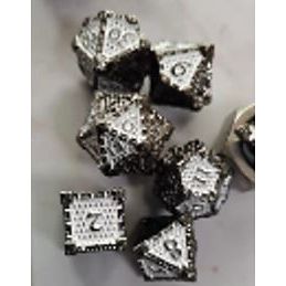 The perfect companion for your gaming needs! These premium die-cast polyhedral dice are exactly what you've been searching for that upcoming game night with the group. Each set weighs roughly 5 ounces and are stored in a quality, brushed metal tin with foam insert. These dice are engraved with crisp, easy-to-read numerals. Many styles and colors are available.

This set includes on of each: d20, d12, d10, d10 (percentile), d8, d6, and a d4 (7 dice in total). All inside the Galactic Toys Dice Tin.