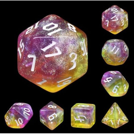Galactic Dice Acrylic HD Dice Sets - Golden Faith (Purple & Yellow) Set of 7 Dice | Galactic Toys & Collectibles