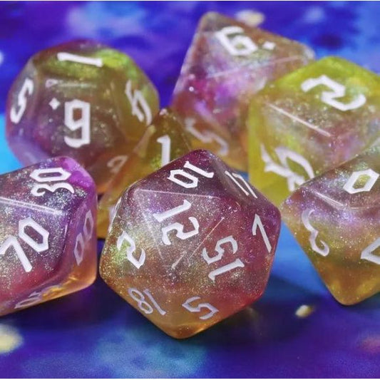 Galactic Dice Acrylic HD Dice Sets - Golden Faith (Purple & Yellow) Set of 7 Dice | Galactic Toys & Collectibles