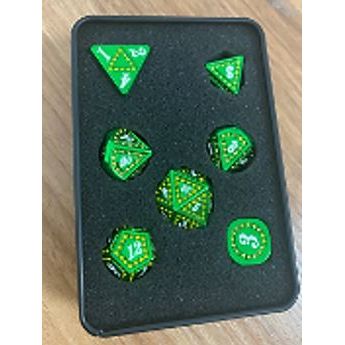 Galactic Dice Premium Dice Sets - DL Dice Green & Yellow (Ver 8) Set of 7 Dice with Tin | Galactic Toys & Collectibles