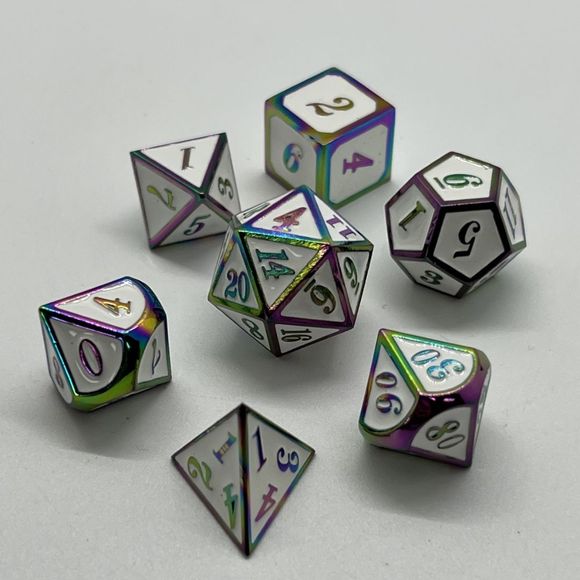 Galactic Dice Premium Dice Sets - NF Dice White & Rainbow (Ver 18) Set of 7 Dice with Tin | Galactic Toys & Collectibles