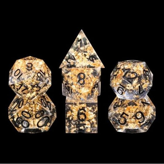 Galactic Dice Acrylic HD Dice Sets - Golden Flakes (Clear with Gold Flakes) Set of 7 Dice | Galactic Toys & Collectibles