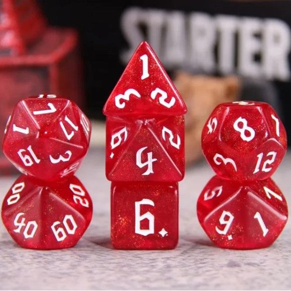 A 7 pcs Polyhedral dice set used for Dungeons and Dragons, MTG , RPG Games etc.
The dice included are 1- D4,1- D6,1- D8,1- D10,1- D00,1- D12, and 1- D20